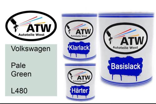 Volkswagen, Pale Green, L480: 1L Lackdose + 1L Klarlack + 500ml Härter - Set, von ATW Autoteile West.